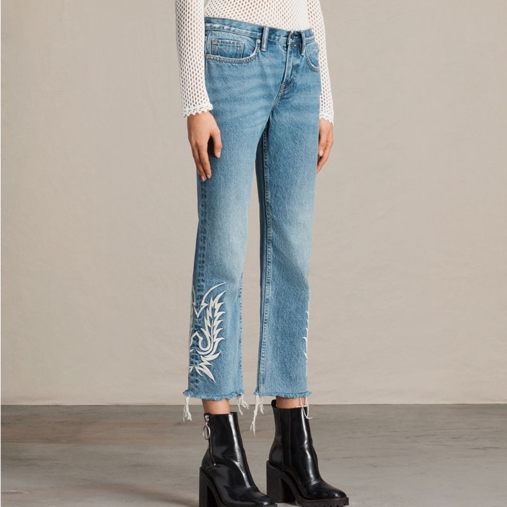 All Saints Philly Embroidered Blue Denim Jeans Raw Hem Size W25 - Picture 1 of 12